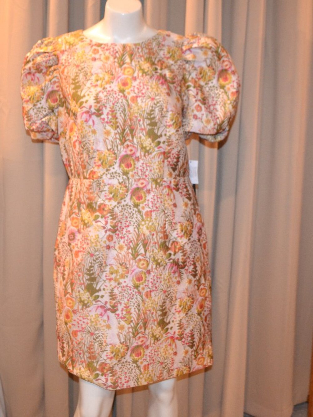 Floral Puff-Sleeve Shift Dress - Pink/Green